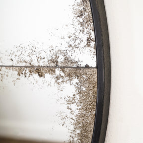 Detail shot of Black Large Antique Glass Round Metal Mirror curved frame