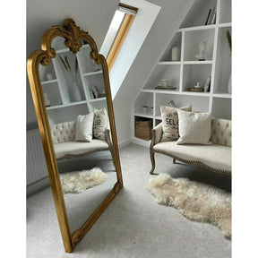 Full Length Extra Large Gold Ornate Mirror opposite longue chair