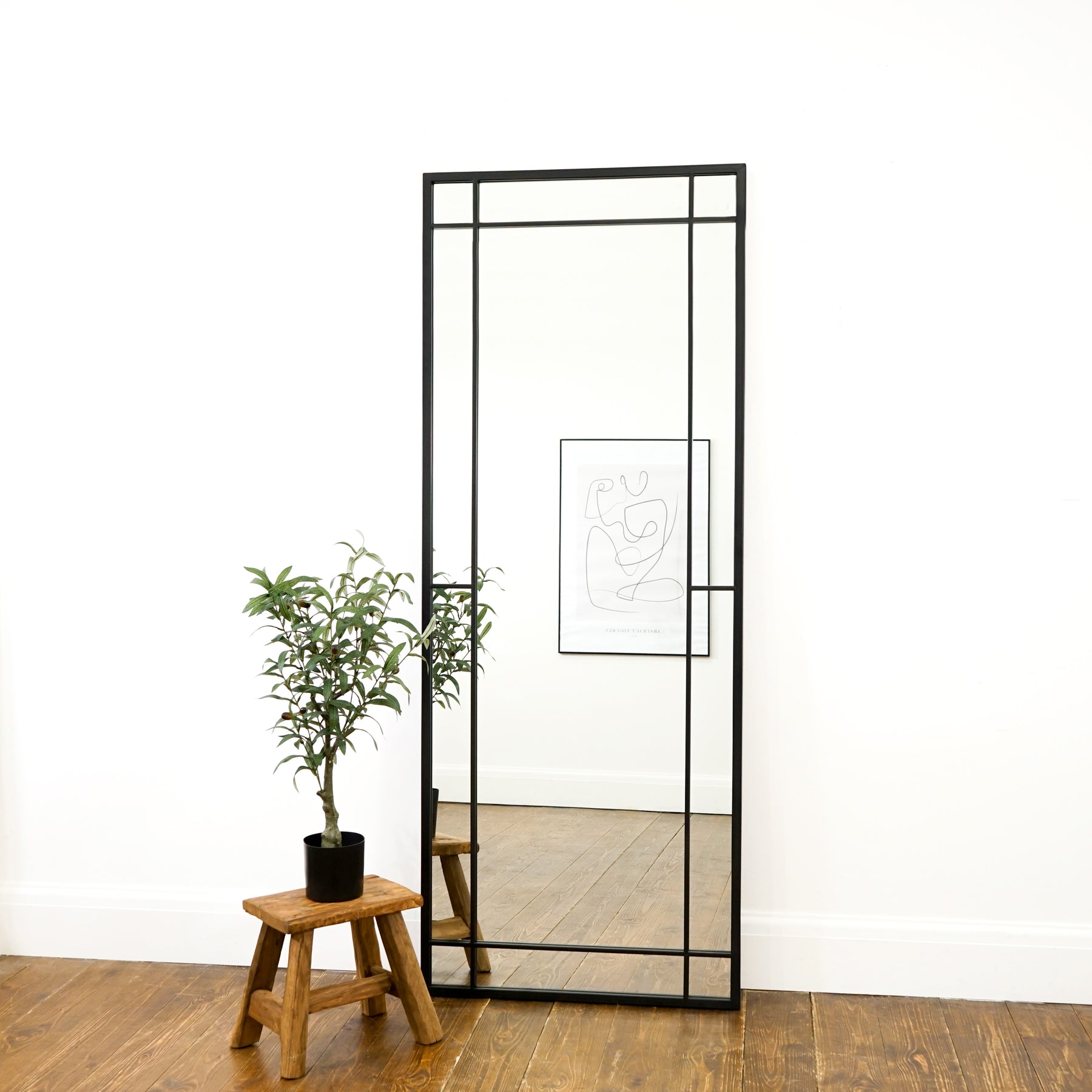 Black industrial full length metal mirror leaning against wall adjacent to plant