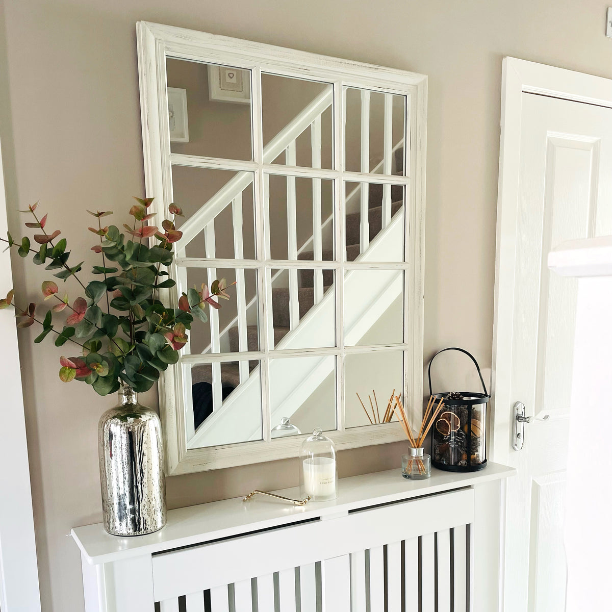 White Shabby Chic Full Length Window Mirror above console table