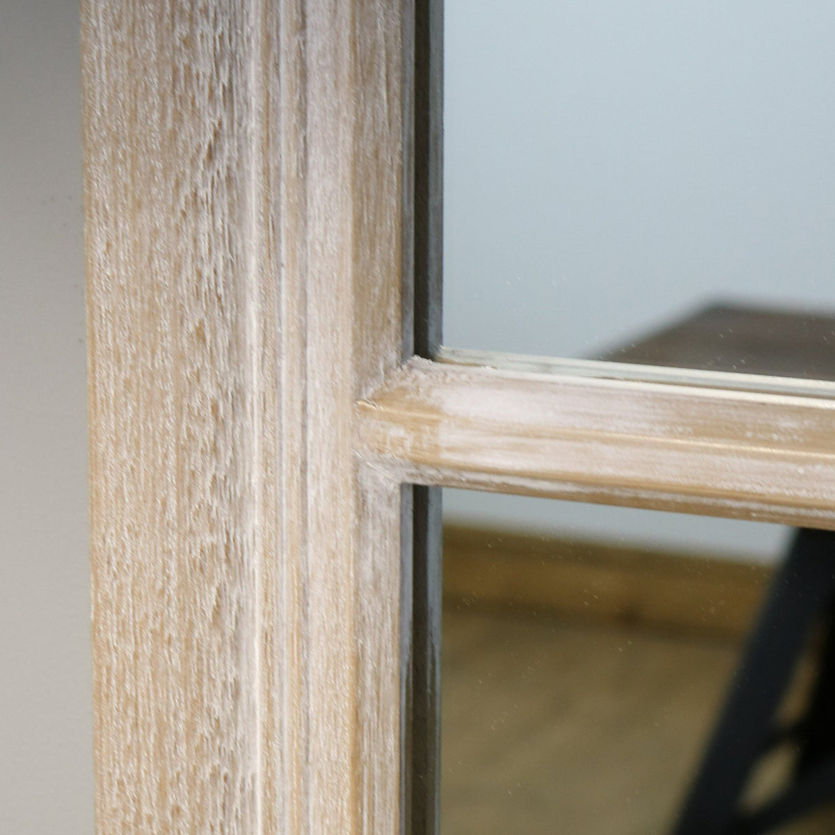 Detail shot of Oak Shabby Chic Rectangular Window Mirror distressed wood frame