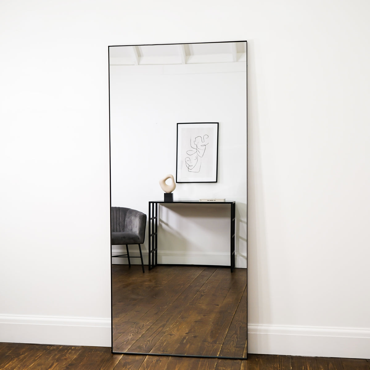 Full Length Black Rectangular Large Metal Mirror as a living room lean to