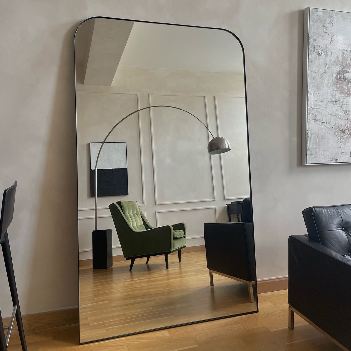 Full Length Black Curved Metal Extra Large Mirror as a living room lean to