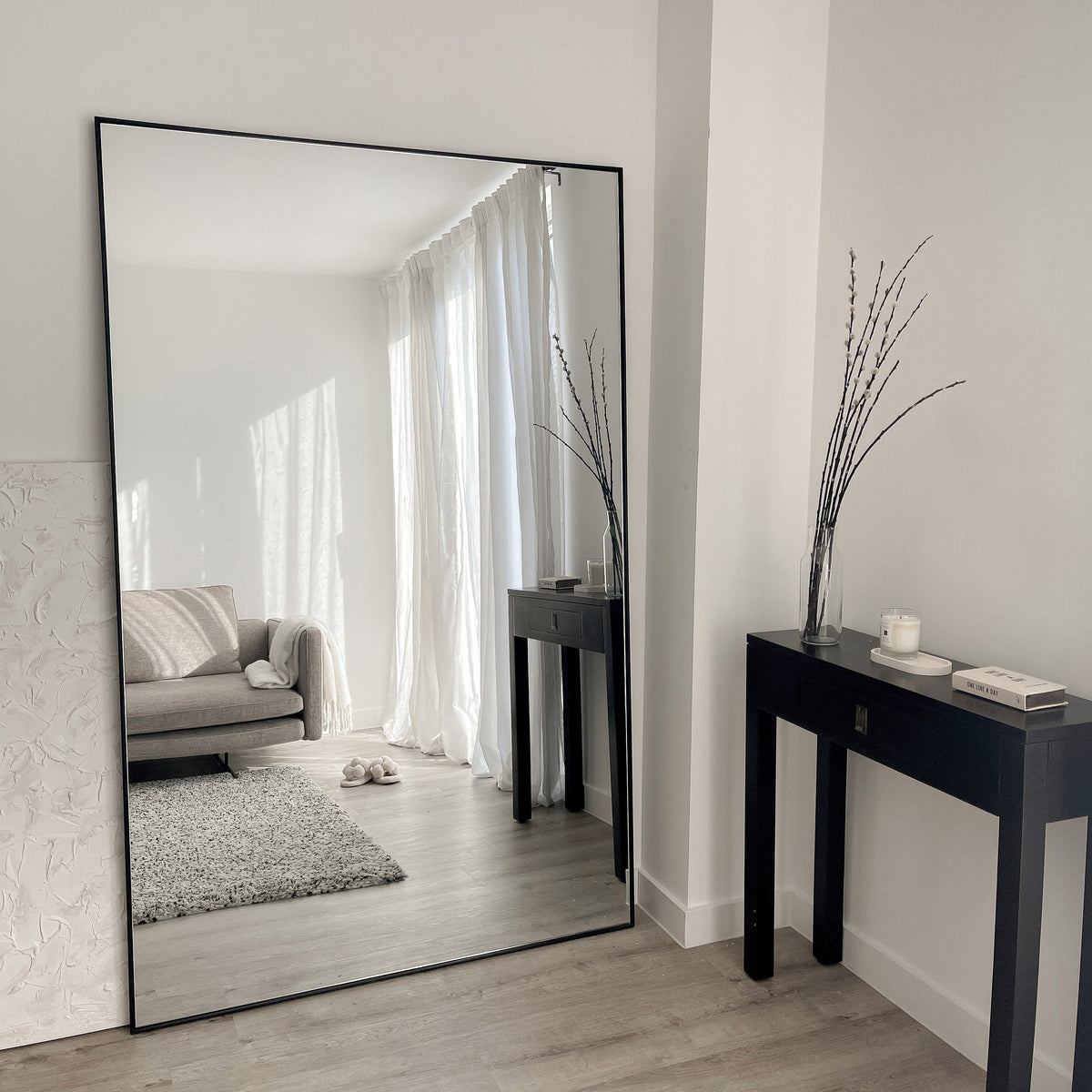 Full Length Black Extra Large Metal Mirror leaning against wall