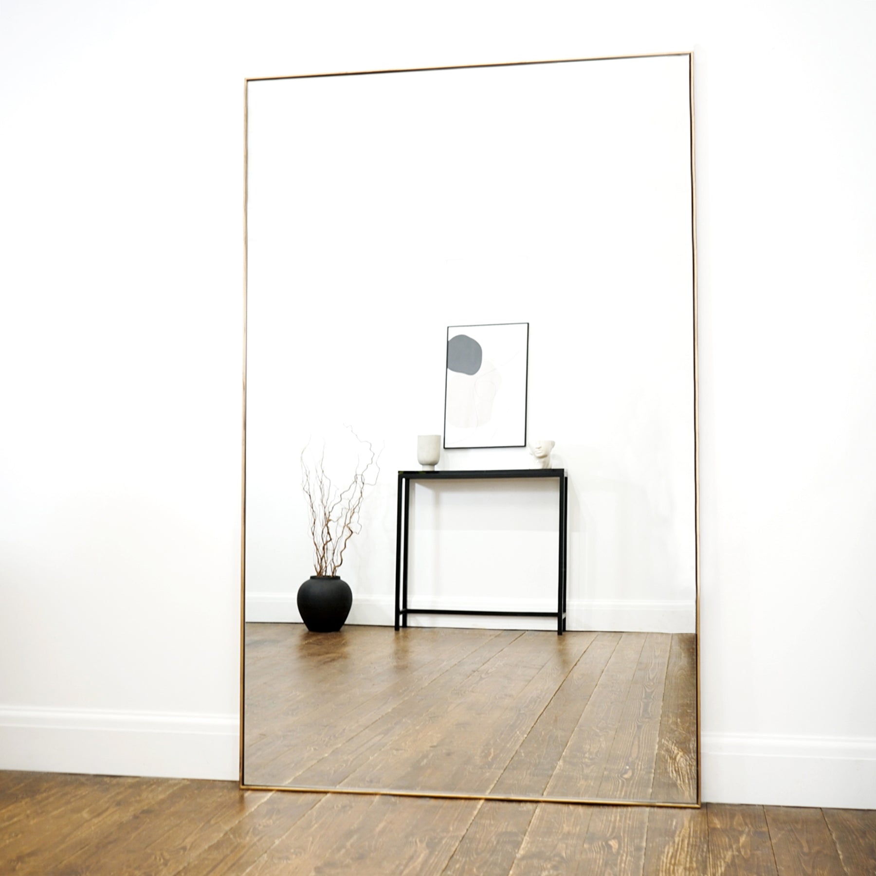 Full Length Gold Rectangular Extra Large Metal Mirror opposite console table