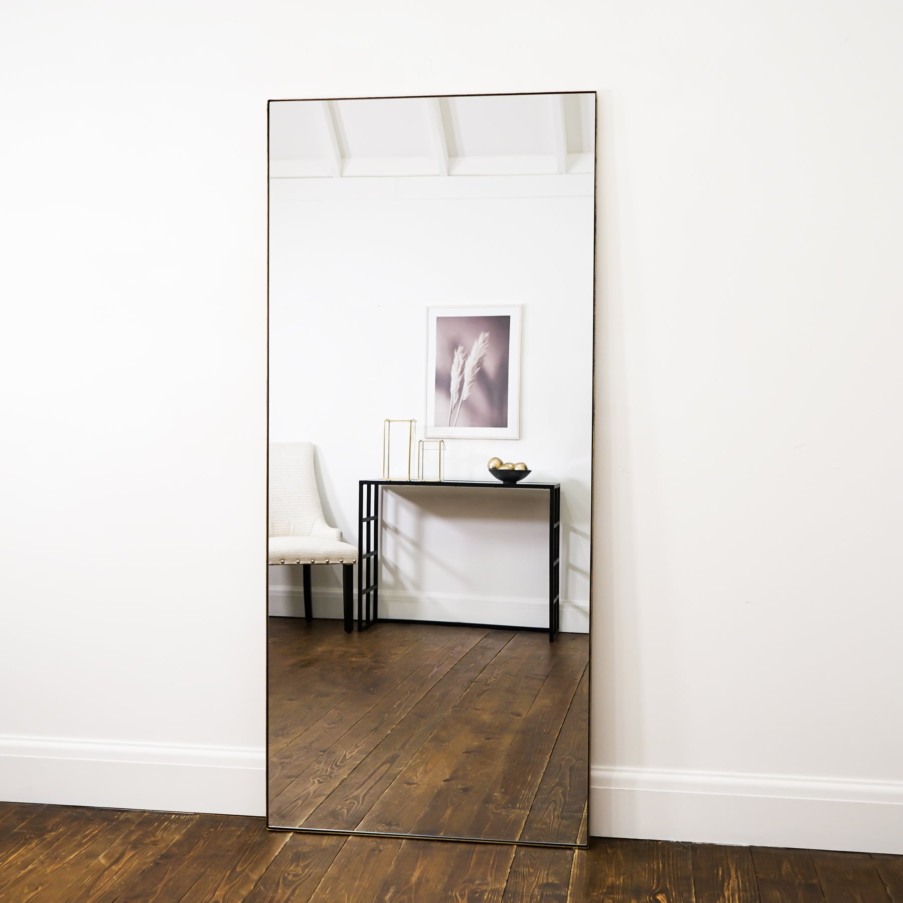 Full Length Gold Rectangular Large Metal Mirror opposite console table