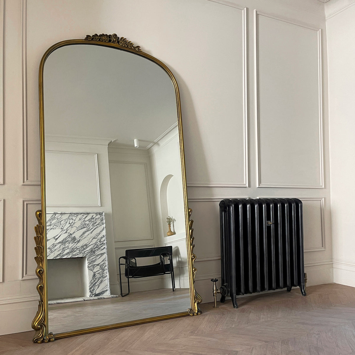Full Length Gold Arched Ornate Metal Mirror as living room lean to