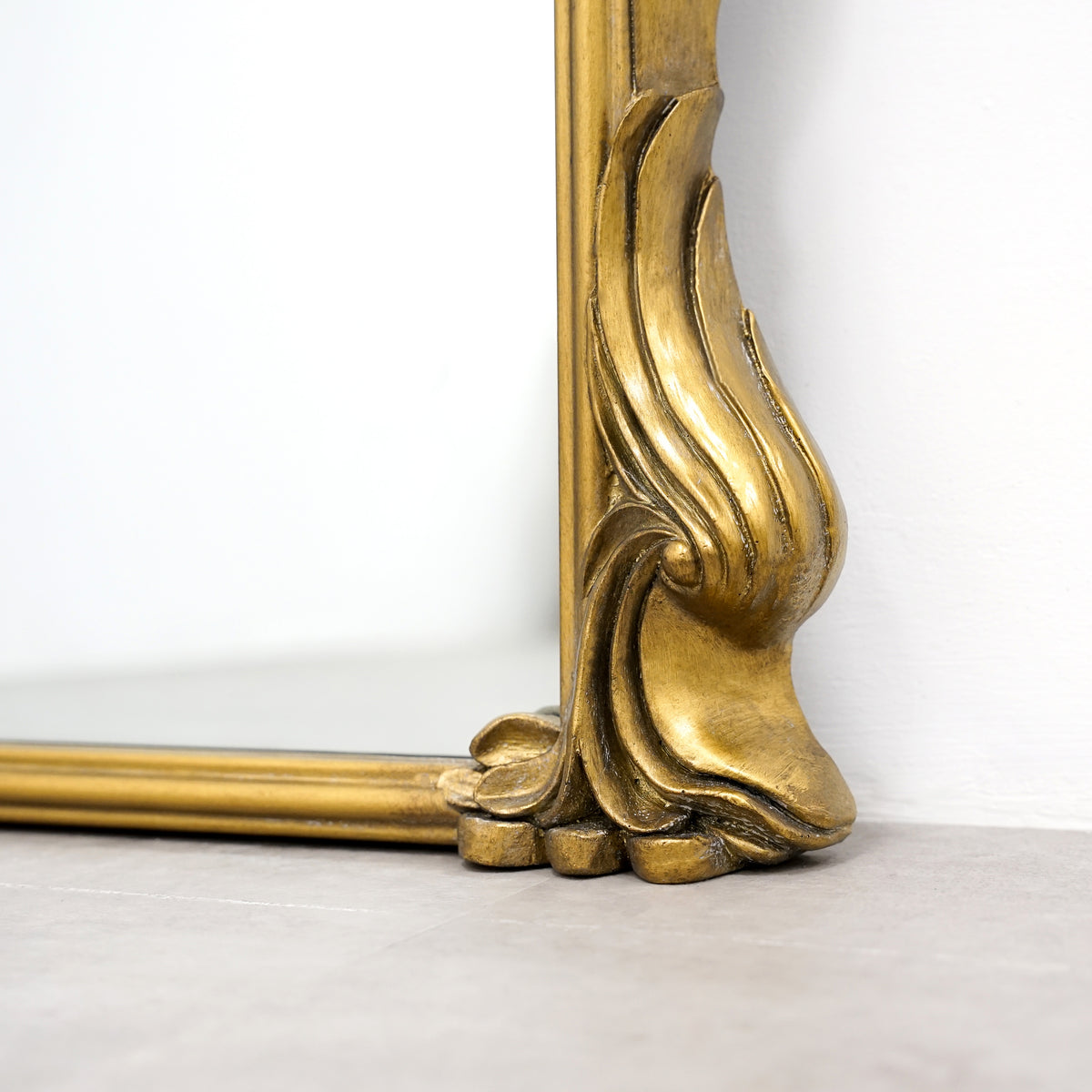 Detail shot of Full Length Gold Arched Ornate Metal Mirror frame design