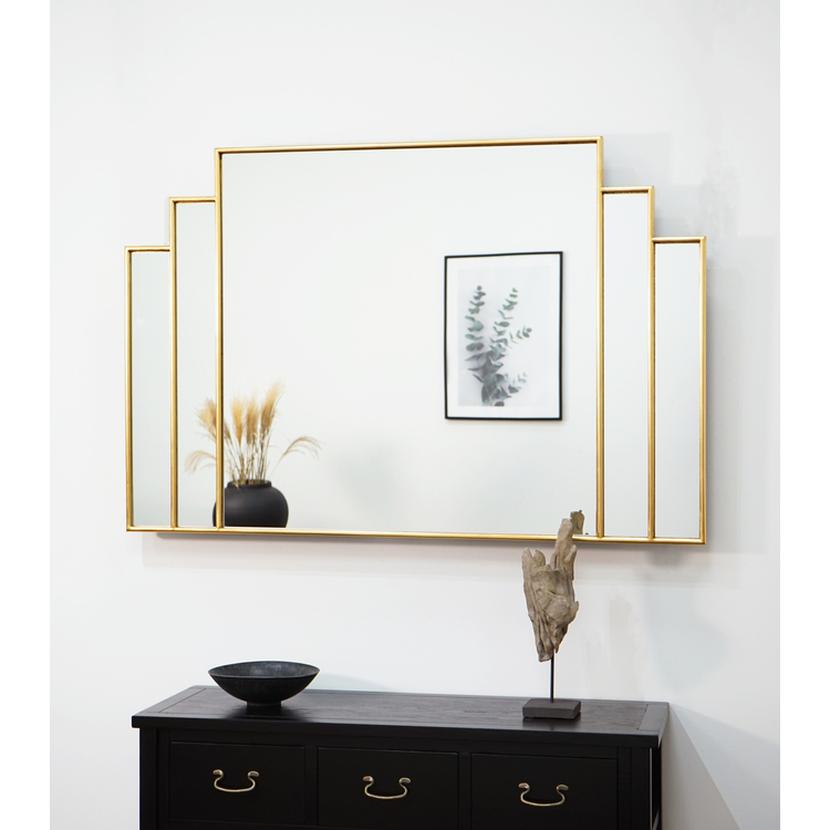 Gold Art Deco Rectangular Wall Mirror displayed above console table