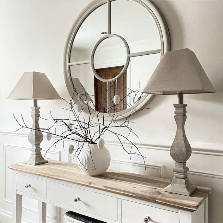 White Shabby Chic Round Window Mirror above console table