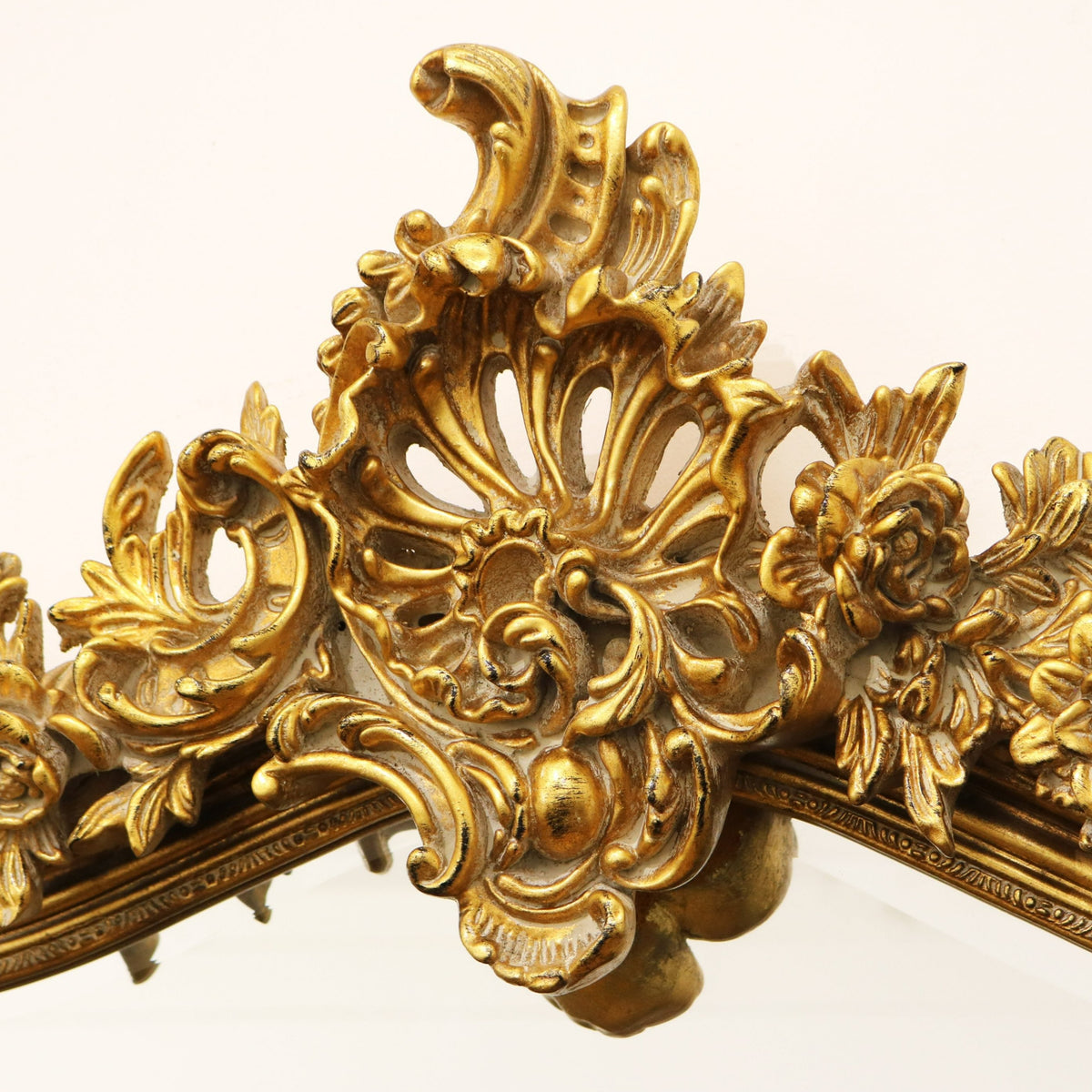 Gold Arched Ornate Overmantle Wall Mirror detail shot of intricate frame design