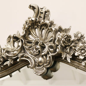 Silver Arched Ornate Overmantle Wall Mirror detail shot of floral crest