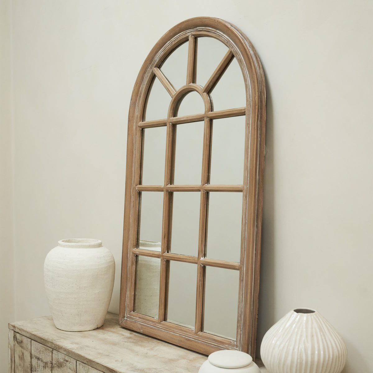 Arabella - Washed Wood Arched Shabby Chic Window Mirror 100cm x 60cm