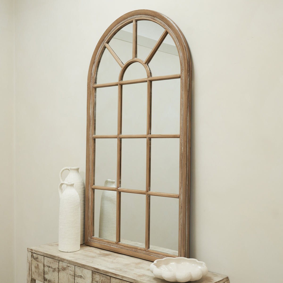 Arabella - Large Washed Wood Arched Shabby Chic Window Mirror 140cm x 80cm