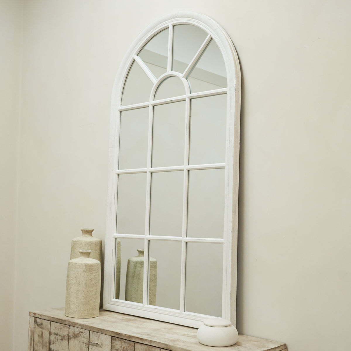 Arabella - Large White Arched Shabby Chic Window Mirror 140cm x 80cm