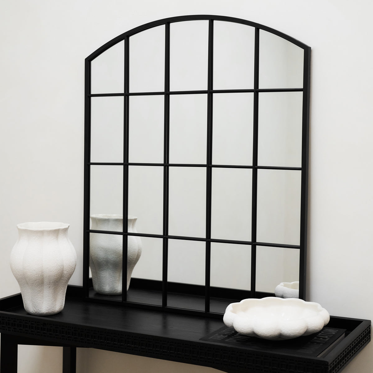Bridgewater Portrait - Black Industrial Arched Metal Window Mirror 90cm x 75cm