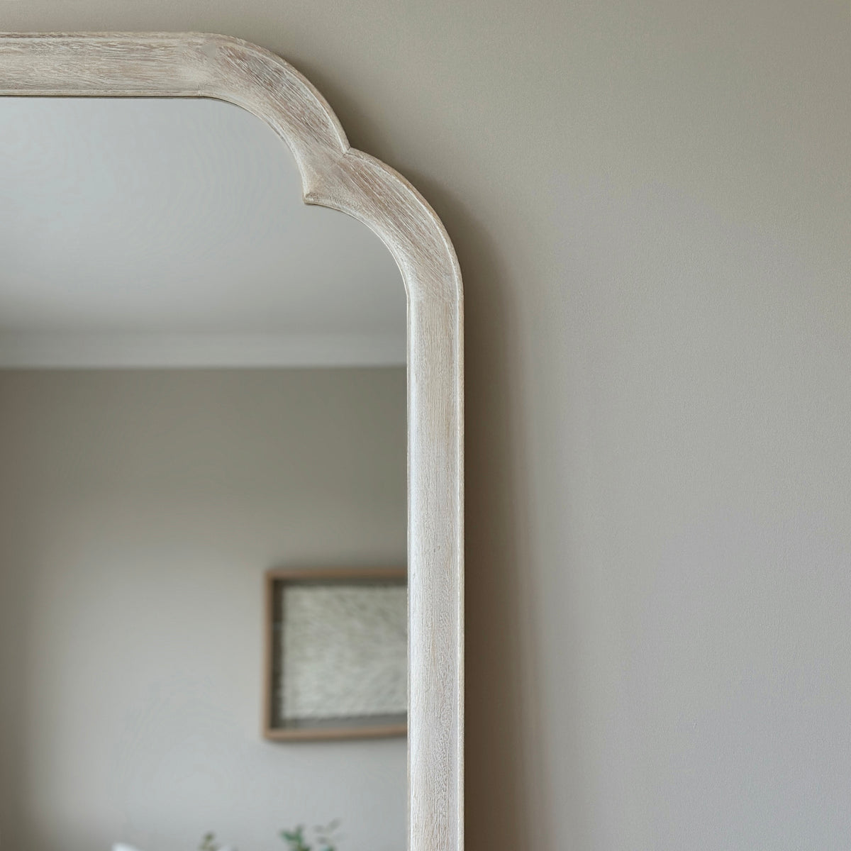 Full Length White Washed Wood Arched Mirror detail shot of arch design