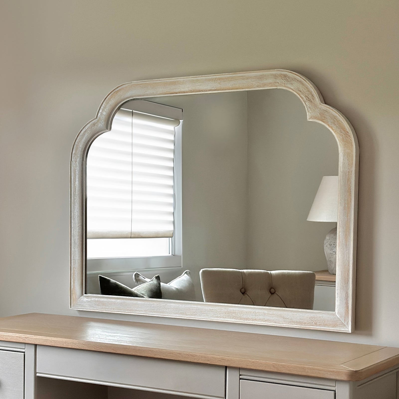 Rustic Whitewashed Mirror Washed Wood Arched Overmantle Mirror 100cm x 75cm - Elena