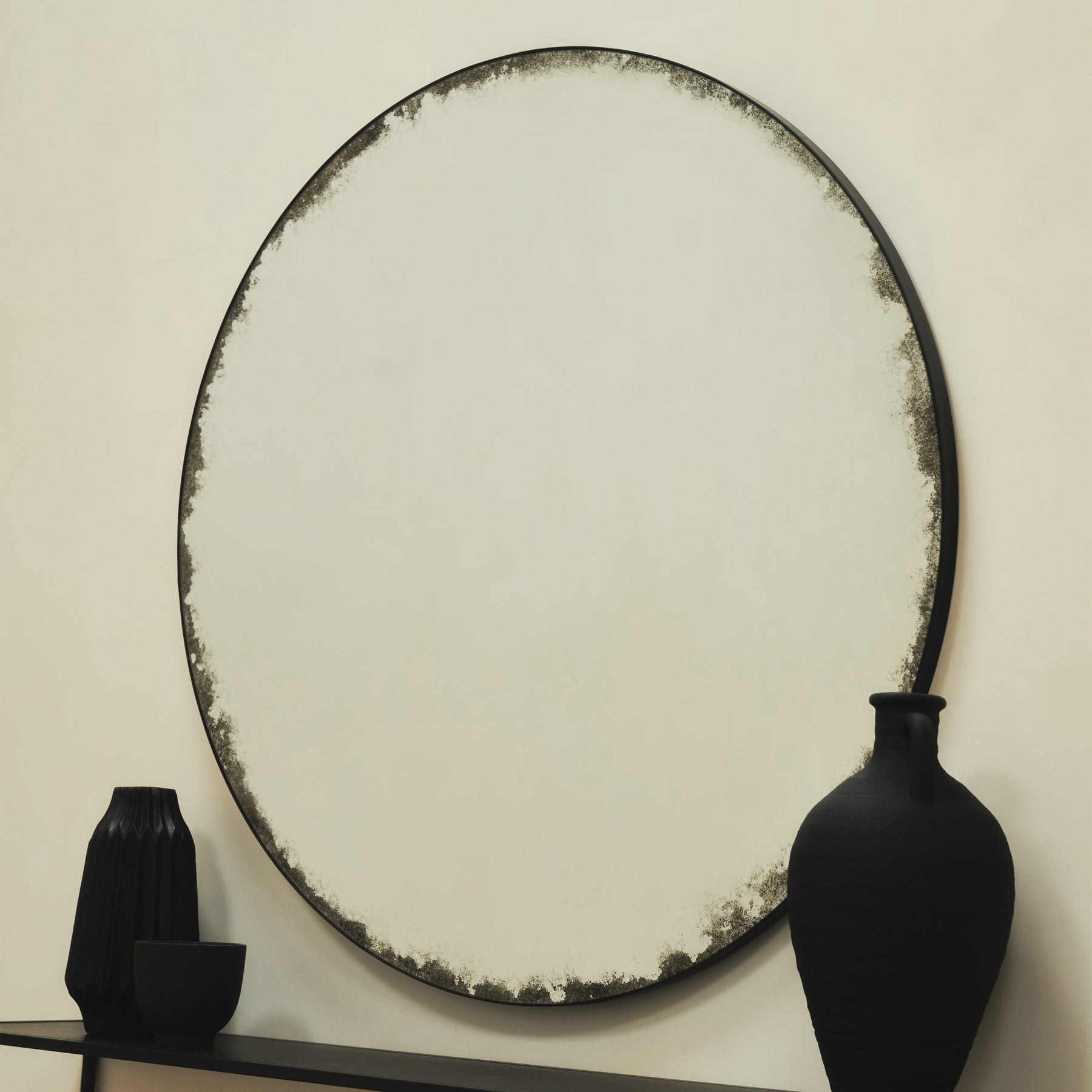 Ezra - Black Large Antique Glass Round Metal Mirror 100cm x 100cm