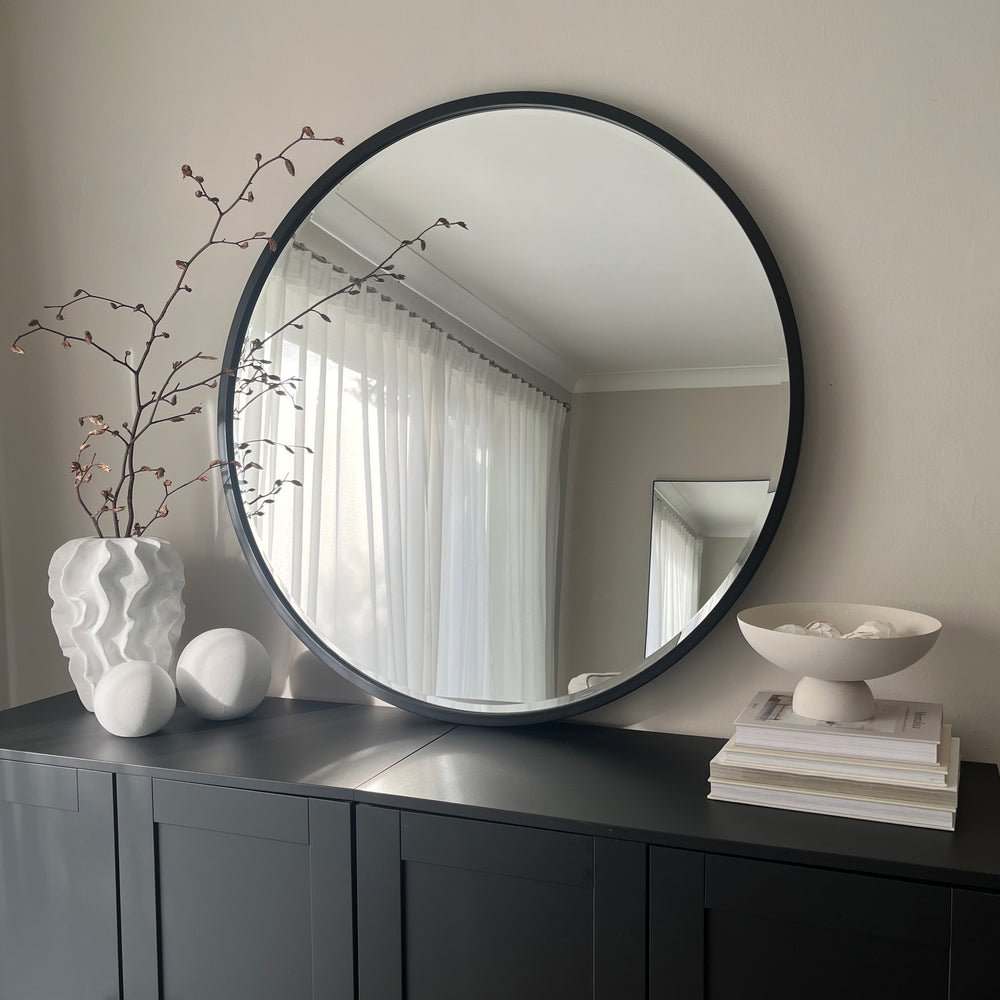Black Metal Modern Round Wall Mirror 100cm x 100cm Higgins