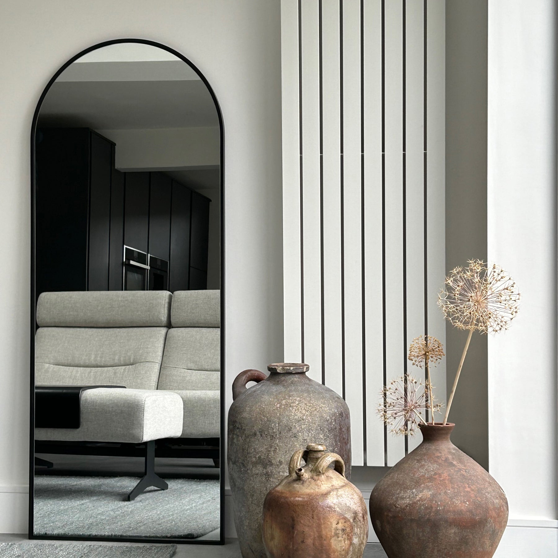 Champagne Full Length Arched Metal Mirror in living room