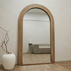 Full Length Arched Washed Wood Mirror opposite sofa