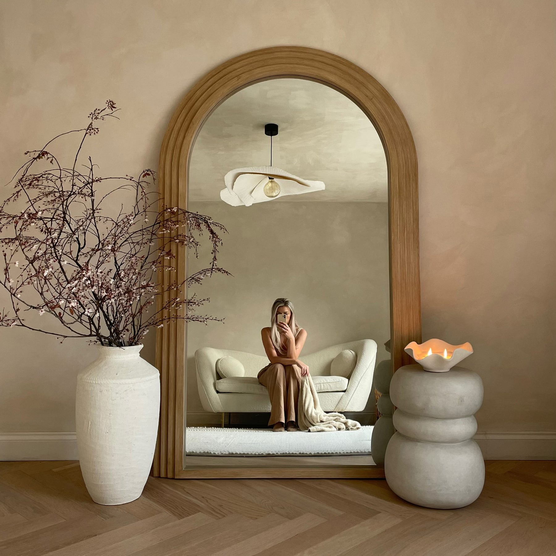 White Textured Terracotta Large Vase beside wooden Luciana mirror