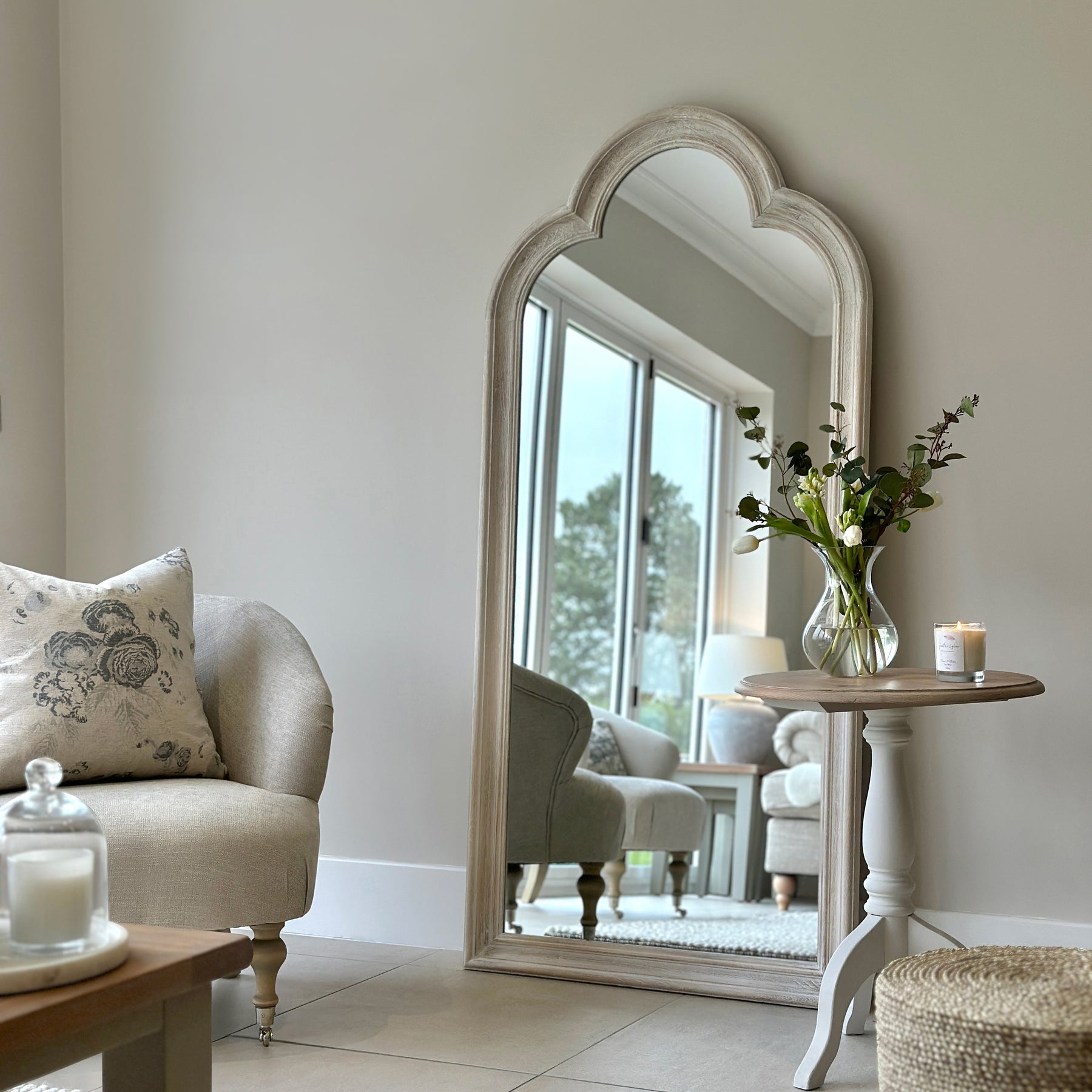 White Washed Wood Arched Full Length Mirror as living room lean to