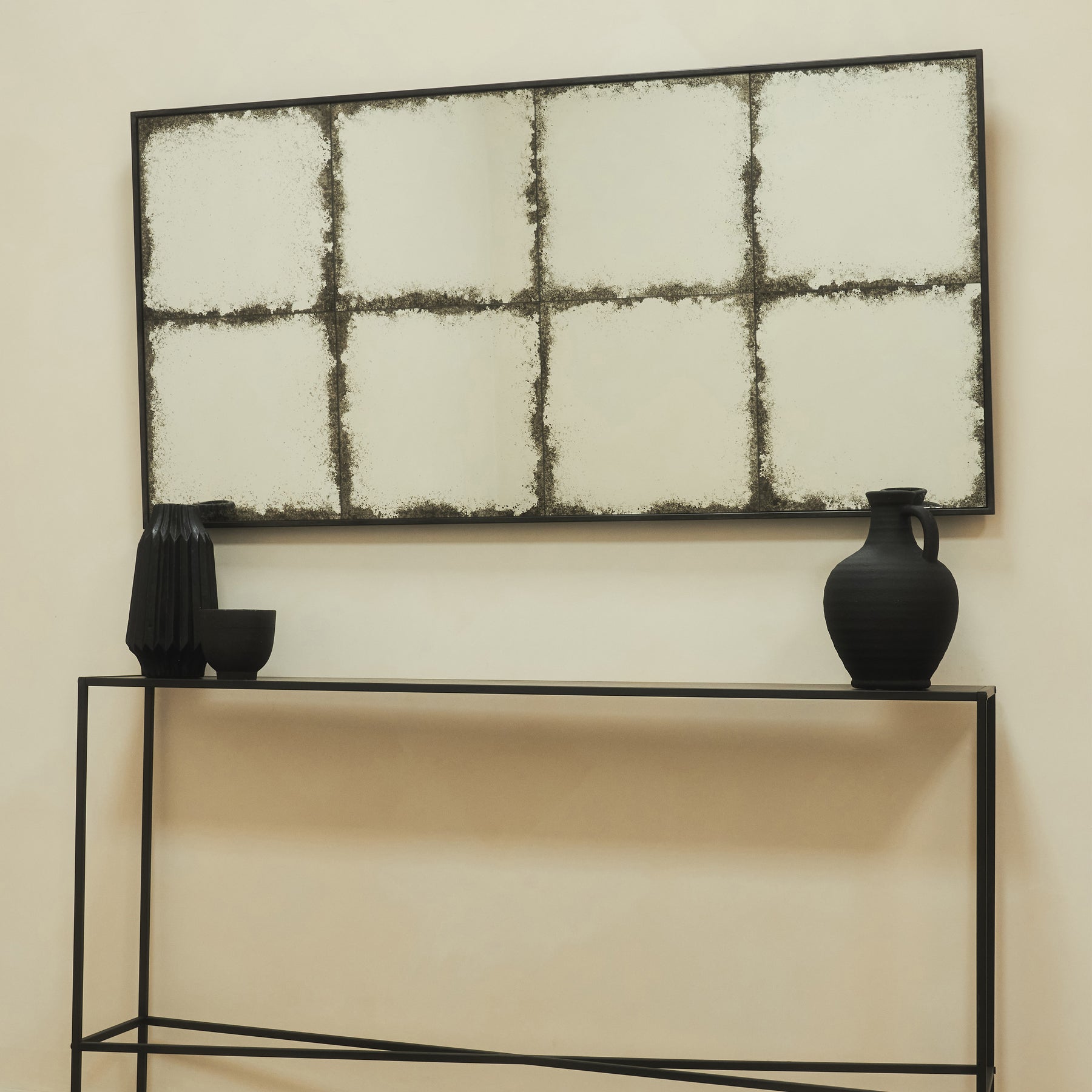 Black Antique Glass Metal Console Mirror above console table