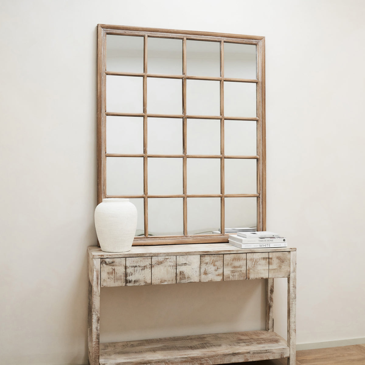 Sasha - Miroir de fenêtre rectangulaire Shabby Chic en chêne 133 cm x 108 cm