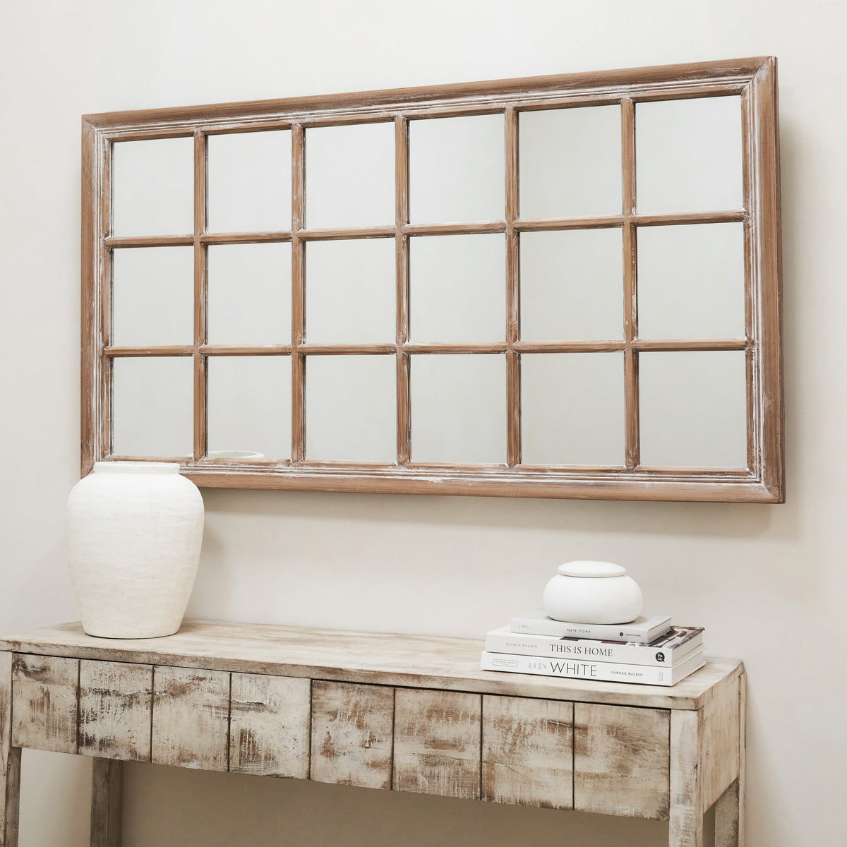 Sasha - Miroir de fenêtre rectangulaire Shabby Chic en chêne 134 cm x 70 cm