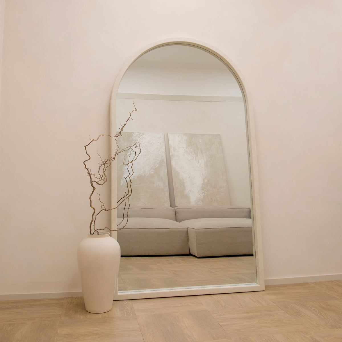 Full Length Extra Large Arched Concrete Mirror as living room lean to