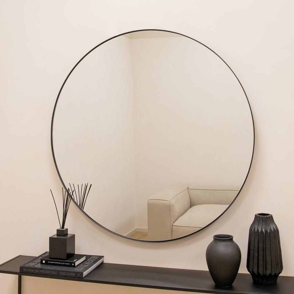 Black Round Metal Large Wall Mirror 100cm x 100cm Theo