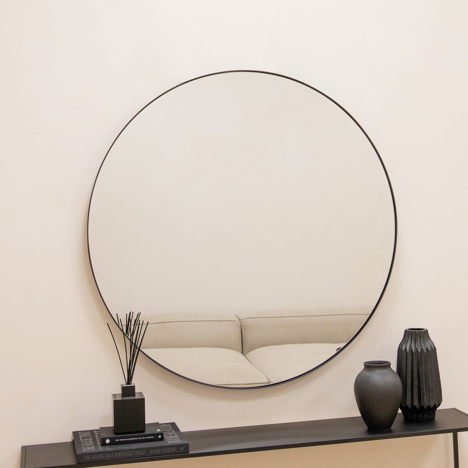 Black Round Metal Large Wall Mirror 100cm x 100cm Theo