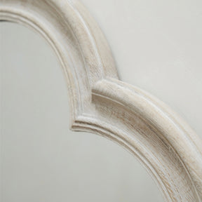 White Washed Wood Arched Full Length Mirror detail shot of frame's unique arch design