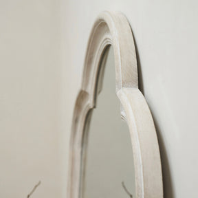 White Washed Wood Arched Full Length Mirror side-on view of frame arch