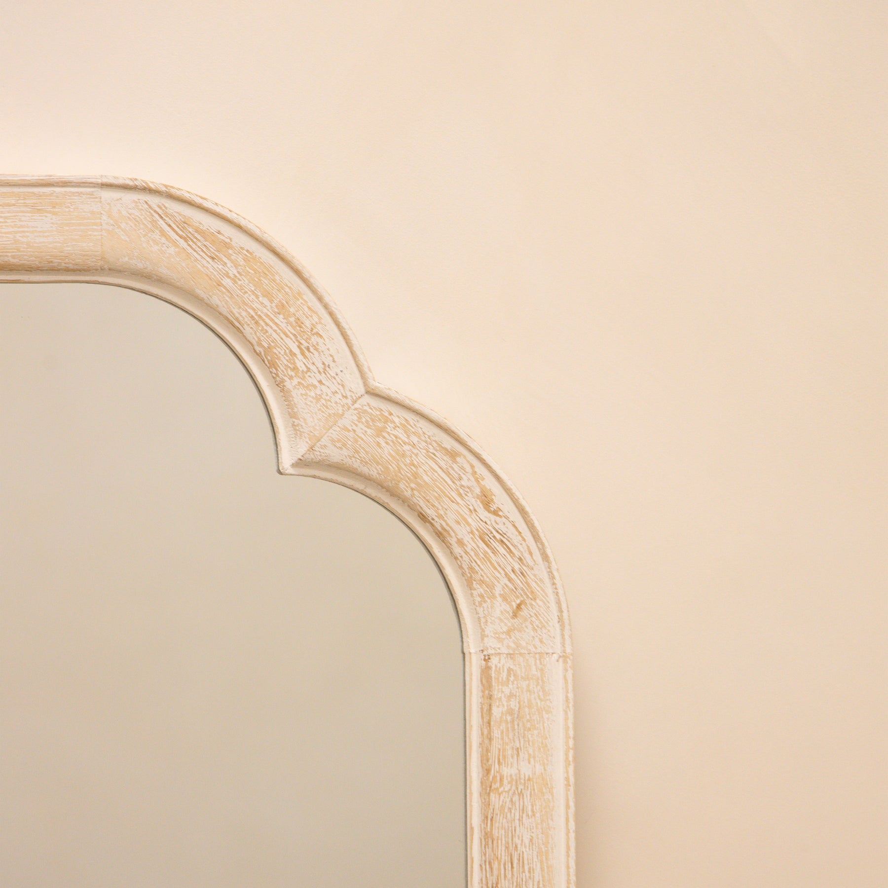 White Washed Wood Arched Overmantle Mirror detail shot of arch design