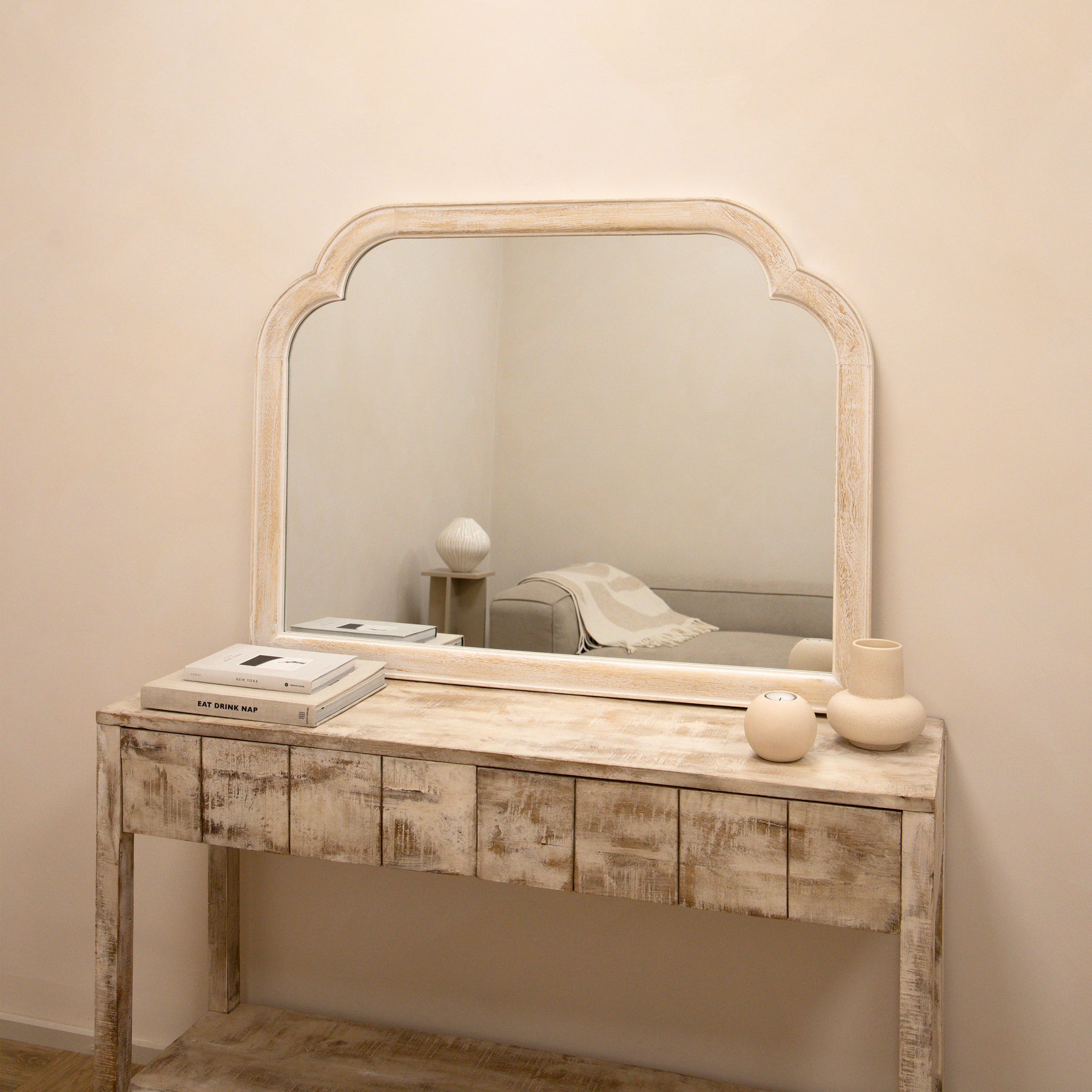 White Washed Wood Arched Overmantle Mirror leaning against wall
