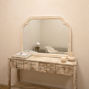 White Washed Wood Arched Overmantle Mirror leaning against wall