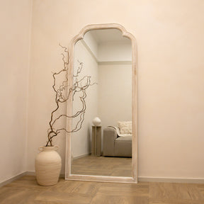 Full Length White Washed Wood Arched Mirror in mood lighting