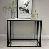White marble effect rectangular console table with painting
