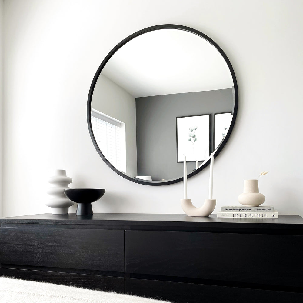 Black Metal Modern Round Wall Mirror 100cm x 100cm Higgins