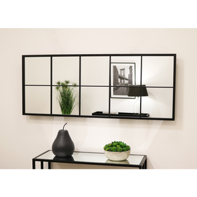 Black Industrial Full Length Metal Window Mirror displayed horizontally on wall