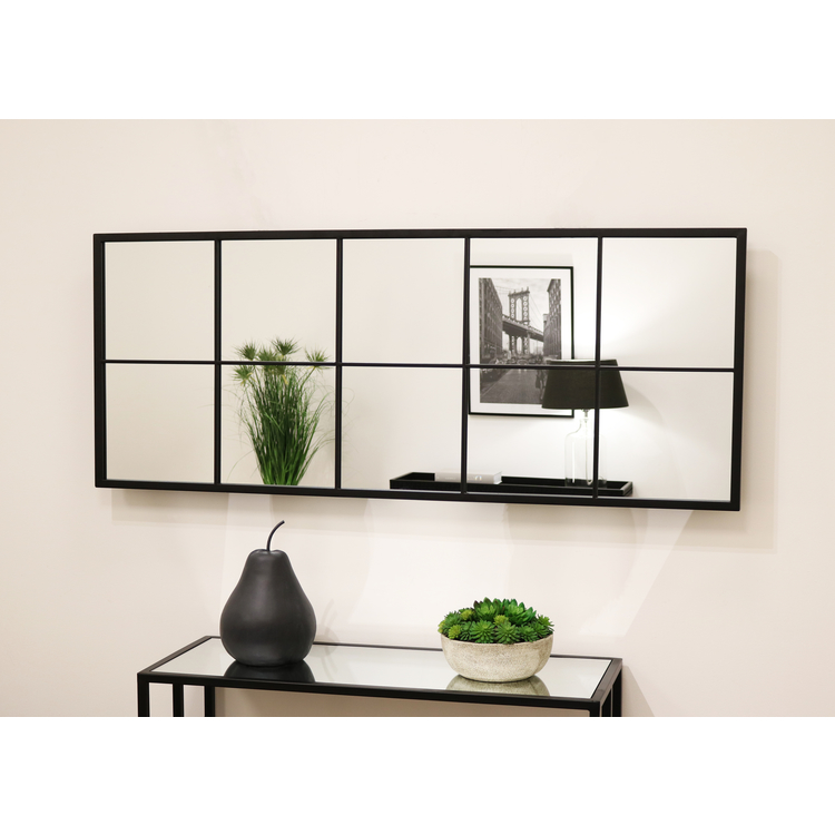 Black Industrial Full Length Metal Window Mirror displayed horizontally on wall